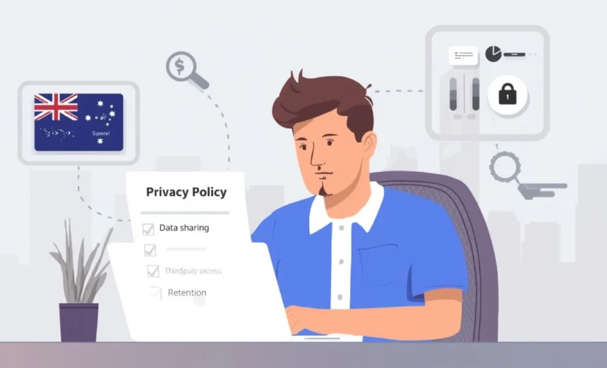 Australian person at laptop reading a website privacy policy with icons of magnifying glass, shield, and checklist against Sydney skyline.