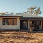 Bushfire-ready Australian home with cleared defensible space, ember-proof roof, and water tank sprinkler system.