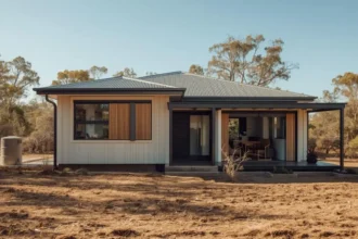 Bushfire-ready Australian home with cleared defensible space, ember-proof roof, and water tank sprinkler system.