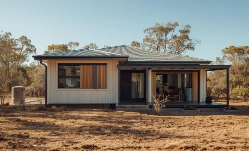 Bushfire-ready Australian home with cleared defensible space, ember-proof roof, and water tank sprinkler system.