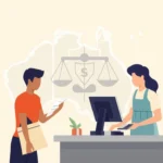 Australian shopper returning a faulty product and claiming a refund under Consumer Law, symbolised by justice scales and dollar sign