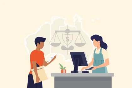 Australian shopper returning a faulty product and claiming a refund under Consumer Law, symbolised by justice scales and dollar sign