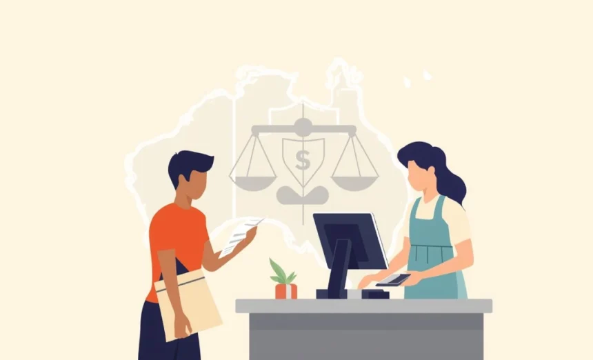 Australian shopper returning a faulty product and claiming a refund under Consumer Law, symbolised by justice scales and dollar sign