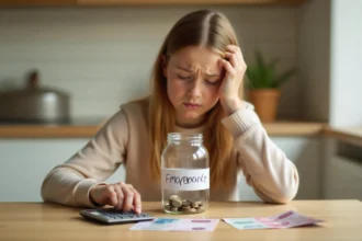How to save for emergencies tight budget - person putting coins in emergency fund jar with calculator and Australian money on table