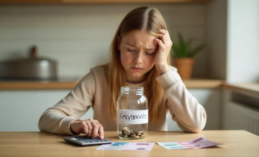 How to save for emergencies tight budget - person putting coins in emergency fund jar with calculator and Australian money on table