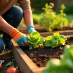 Beginner learning how to start a vegetable garden from scratch with tools and freshly planted seedlings in raised beds