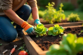 Beginner learning how to start a vegetable garden from scratch with tools and freshly planted seedlings in raised beds