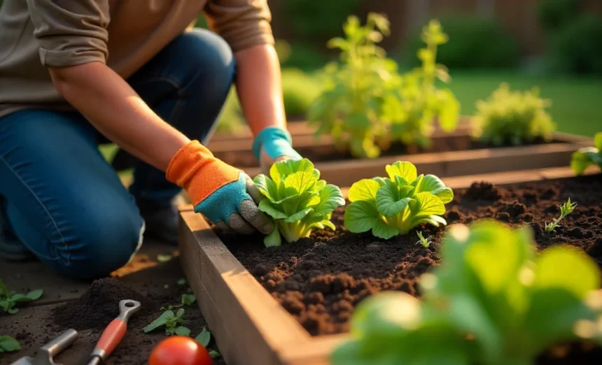 Beginner learning how to start a vegetable garden from scratch with tools and freshly planted seedlings in raised beds