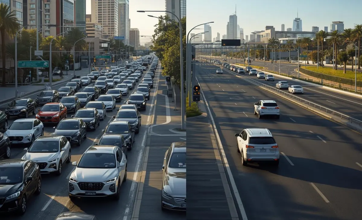 Split-screen image of Sydney traffic congestion with EVs versus Perth’s open roads with electric vehicles, highlighting insurance cost differences.
