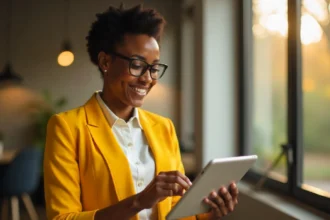 Professional woman in yellow blazer smiling while using tablet in modern office, representing successful solopreneur implementing digital marketing strategies