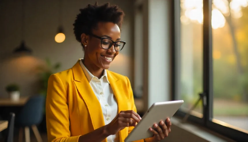 Professional woman in yellow blazer smiling while using tablet in modern office, representing successful solopreneur implementing digital marketing strategies