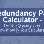 Redundancy Pay Calculator — "Do You Qualify, and How It’s Calculated" heading on a blue banner over faint financial charts.