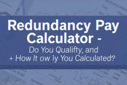 Redundancy Pay Calculator — "Do You Qualify, and How It’s Calculated" heading on a blue banner over faint financial charts.