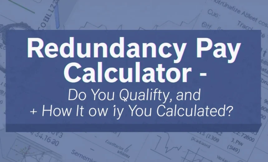 Redundancy Pay Calculator — "Do You Qualify, and How It’s Calculated" heading on a blue banner over faint financial charts.