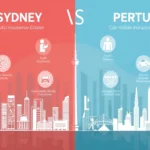 Split-screen aerial view of Sydney Harbour Bridge traffic and Perth freeway, illustrating car insurance cost differences between Sydney and Perth, Australia.