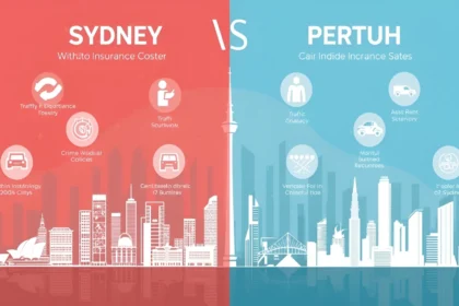 Split-screen aerial view of Sydney Harbour Bridge traffic and Perth freeway, illustrating car insurance cost differences between Sydney and Perth, Australia.