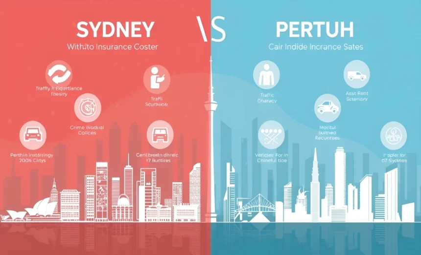 Split-screen aerial view of Sydney Harbour Bridge traffic and Perth freeway, illustrating car insurance cost differences between Sydney and Perth, Australia.