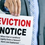 Person in a suit holding a printed document with the bold headline “EVICTION NOTICE”.