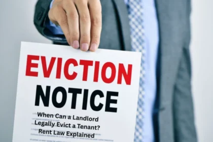 Person in a suit holding a printed document with the bold headline “EVICTION NOTICE”.