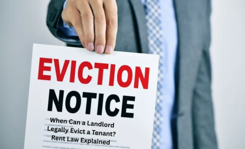 Person in a suit holding a printed document with the bold headline “EVICTION NOTICE”.
