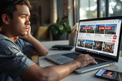 Australian renter identifying fake rental listings and scam warnings on computer screen