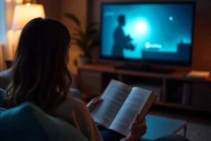 Person deciding whether to read book before show spoilers affect viewing experience with book and TV screen showing same story