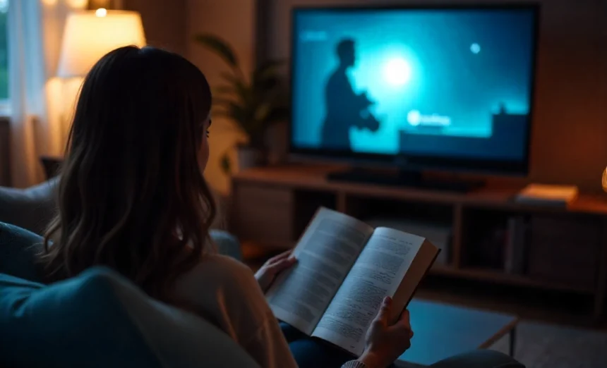 Person deciding whether to read book before show spoilers affect viewing experience with book and TV screen showing same story