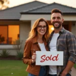 Young Australian couple holding keys after safely buying their first property in Australia with sold sign