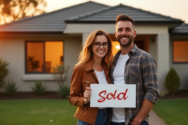 Young Australian couple holding keys after safely buying their first property in Australia with sold sign