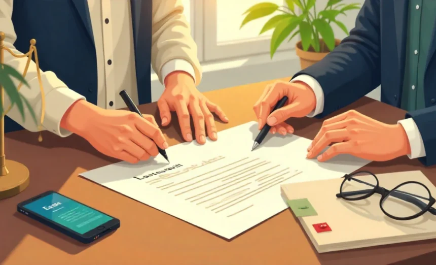 Illustration of a will document, pen and witnesses with an Australia map and state pins simple will Australia.