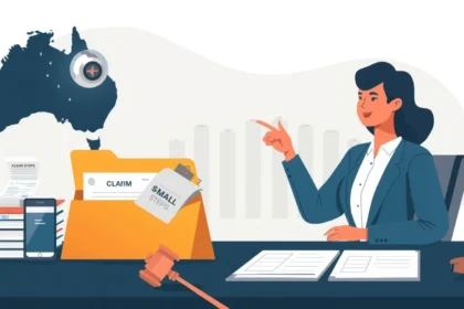 Illustration of a "Small Claims" folder, gavel and Australia map with state pins — beginner’s guide to small claims court Australia.