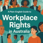 ustration of diverse professionals with the headline “Workplace Rights in Australia”.