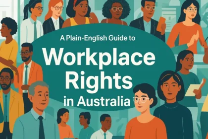 ustration of diverse professionals with the headline “Workplace Rights in Australia”.