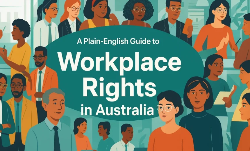 ustration of diverse professionals with the headline “Workplace Rights in Australia”.