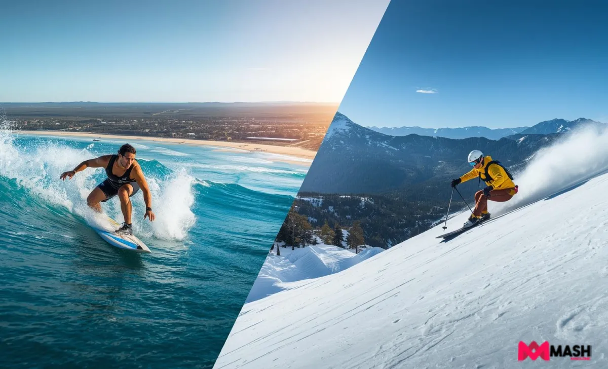 Split scene showing a surfer riding a wave and a skier descending a mountain, both wearing safety gear, representing adventure sports insurance coverage.