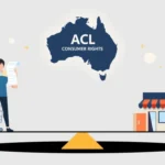 Illustration of balanced scales showing an Australian shopper vs a store, with ACL consumer rights symbol shining above
