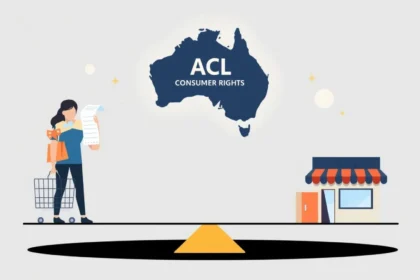 Illustration of balanced scales showing an Australian shopper vs a store, with ACL consumer rights symbol shining above