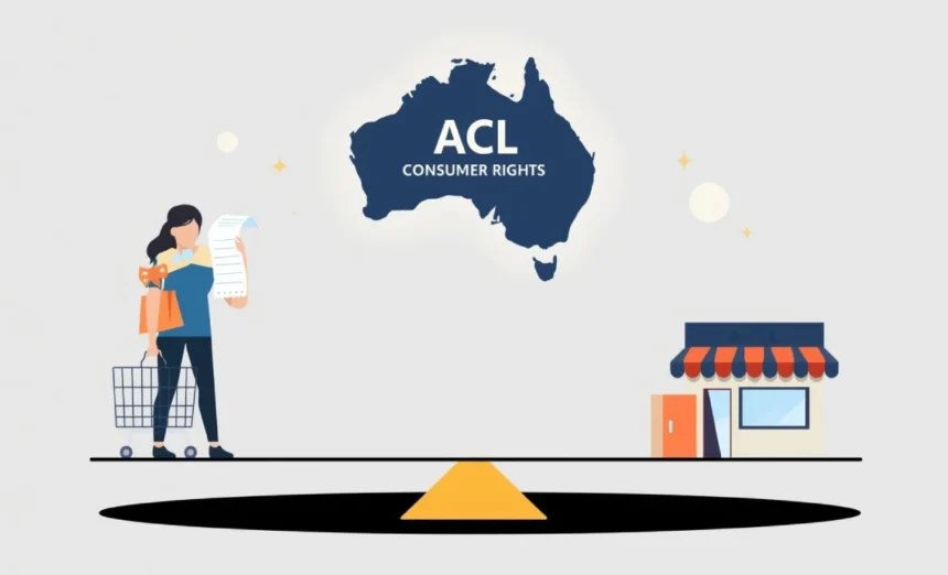 Illustration of balanced scales showing an Australian shopper vs a store, with ACL consumer rights symbol shining above