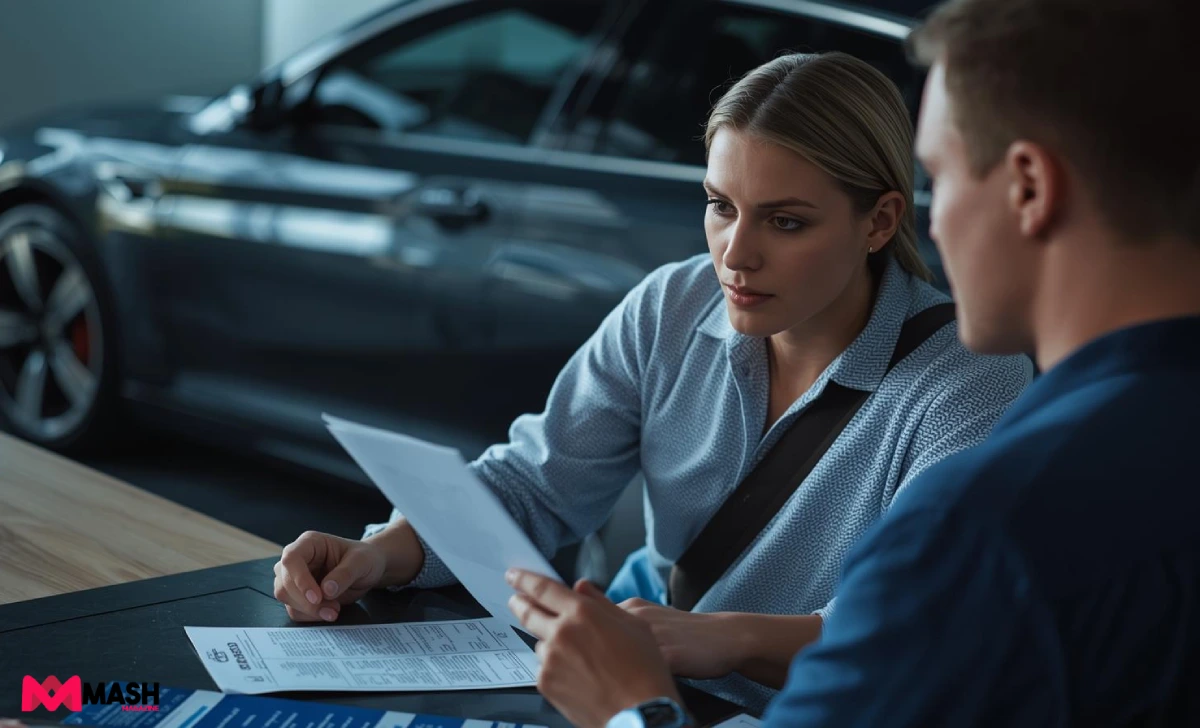 Australian driver comparing comprehensive vs third-party car insurance documents in a modern setting with a parked car in the background.