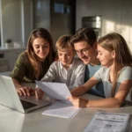 Australian family reviewing home and car insurance documents together at a kitchen table