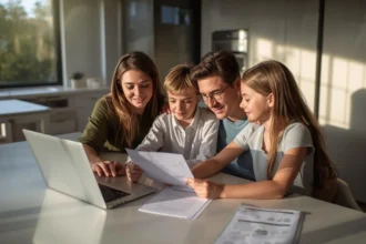Australian family reviewing home and car insurance documents together at a kitchen table