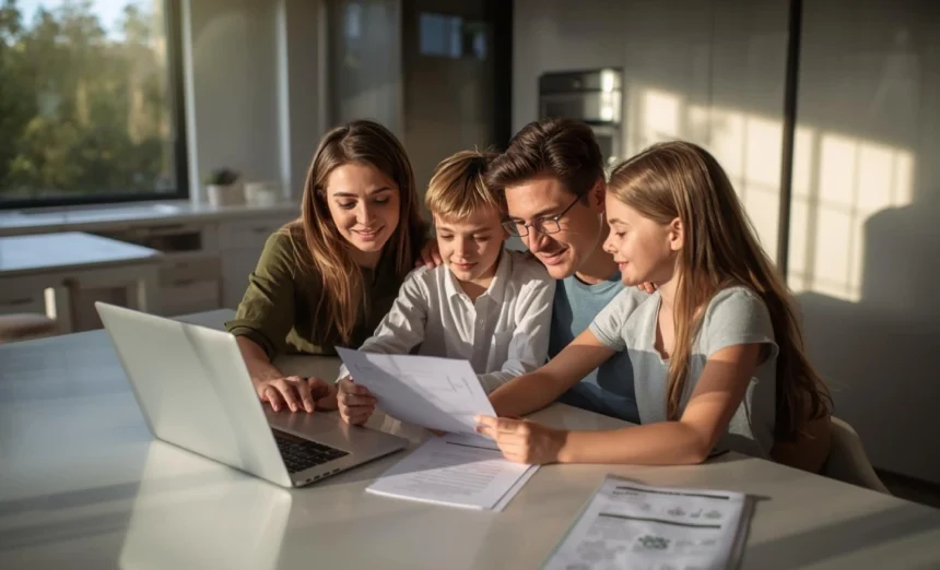 Australian family reviewing home and car insurance documents together at a kitchen table