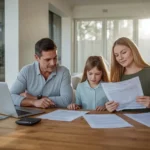 Australian family reviewing life insurance for mortgage borrowers at home with documents and calculator