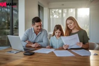 Australian family reviewing life insurance for mortgage borrowers at home with documents and calculator