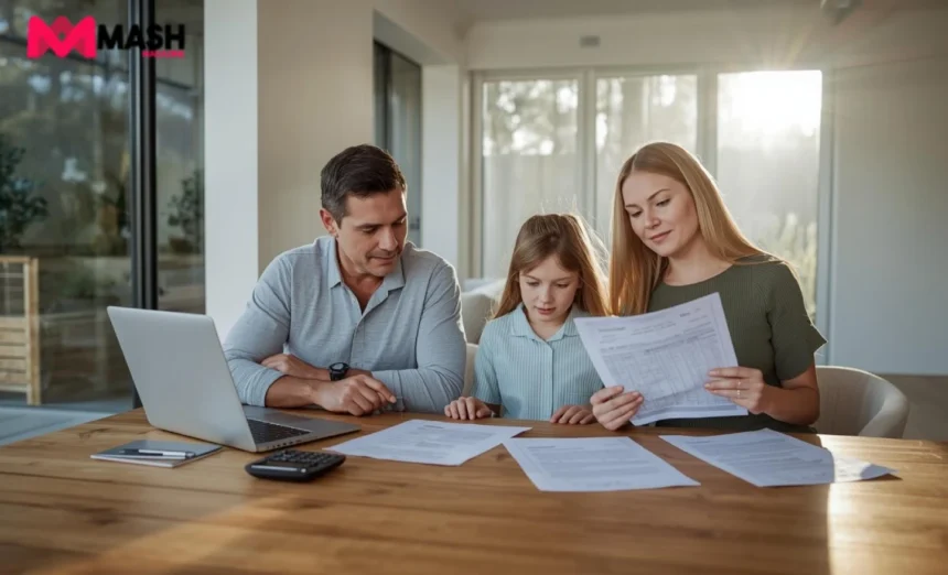 Australian family reviewing life insurance for mortgage borrowers at home with documents and calculator