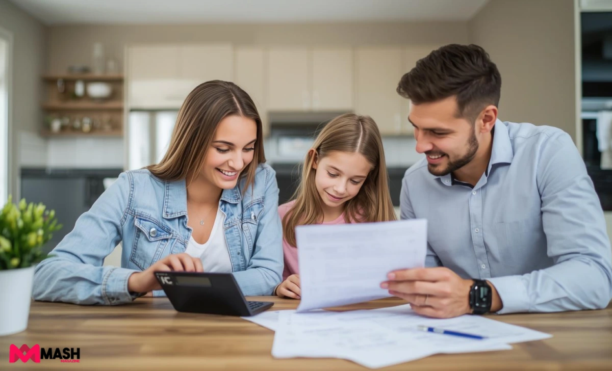 Australian family reviewing life insurance and mortgage papers at kitchen table in modern suburban home