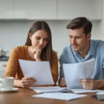 Australian family reviewing life insurance and mortgage documents at home kitchen table with laptop and papers
