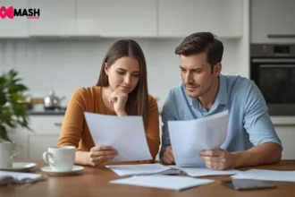 Australian family reviewing life insurance and mortgage documents at home kitchen table with laptop and papers