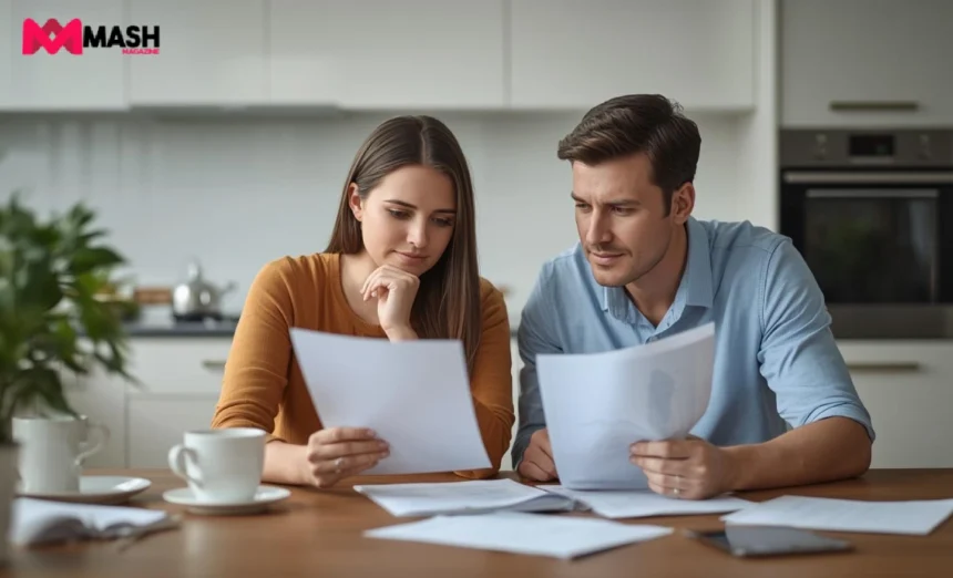 Australian family reviewing life insurance and mortgage documents at home kitchen table with laptop and papers