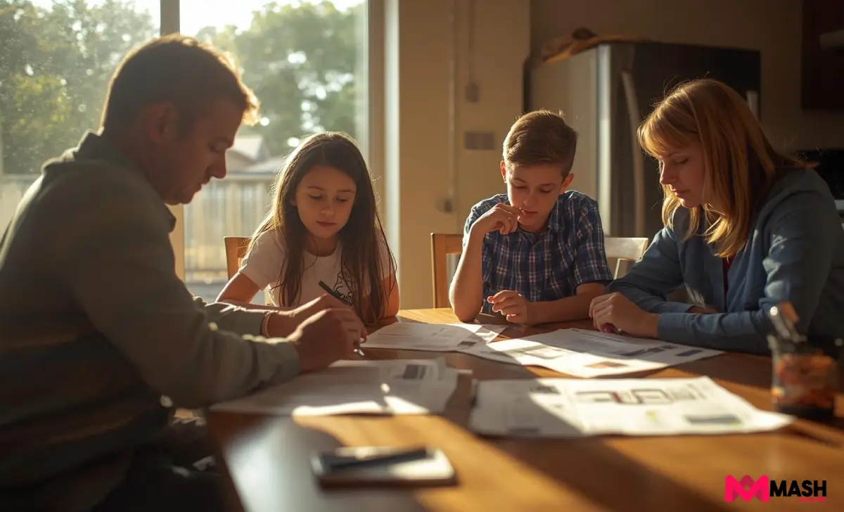 Australian family reviewing term life insurance documents at the kitchen table under natural light.